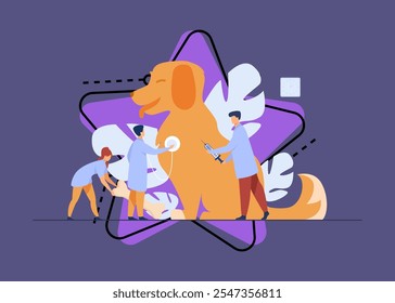 Tiny doctors caring dog in vet office flat vector illustration. Modern animal clinic or hospital. Animals, pets and veterinary service concept