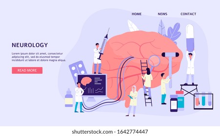 Tiny doctors cartoon characters examining human brain - neurology banner concept, flat vector illustration. Medical treatment and healthcare clinic landing page.