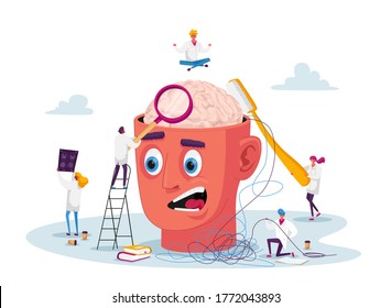 Tiny Doctors Characters At Huge Sick Head Solve Patients Mental Problems. Health Therapy, Emotional State, Mentality Medical Healthcare And Prevention Mind Diseases. Cartoon People Vector Illustration