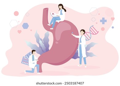 Tiny doctors check human stomach problem cartoon vector illustration. Stomach care. Treatment of stomach and digestive system diseases. Stomach icon.  