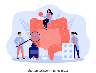 Tiny doctors checking and treating large intestine flat vector illustration. Cartoon inflammation in digestive system. Medicine and health concept