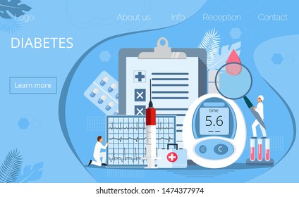 Tiny doctors diagnose diabetes mellitus type 2. Syringe with insulin and cardiogram are shown. Magnifier and blood glucose testing meter concept vector for landing page.
