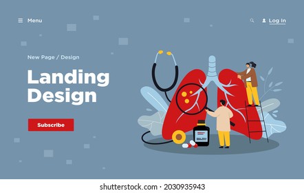 Tiny doctors diagnosing giant lungs or respiratory system. Flat vector illustration. Cartoon medic pulmonology specialists testing lungs for asthma, tuberculosis, cancer. Medicine, healthcare concept