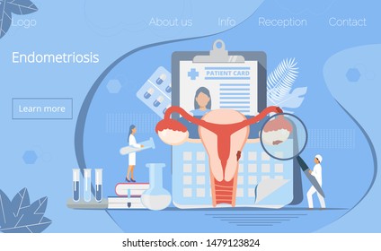 Tiny doctors examine uterus with magnifier to treat endometriosis and looking for causes of infertility, menstrual irregularities. Endometrium dysfunctionality concept vector is shown for landing page