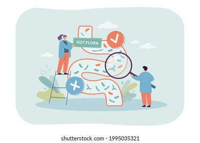 Tiny doctors examining bacteria in gut flora. Gastrointestinal tract with microbes flat vector illustration. Health, digestive system, medicine concept for banner, website design or landing web page