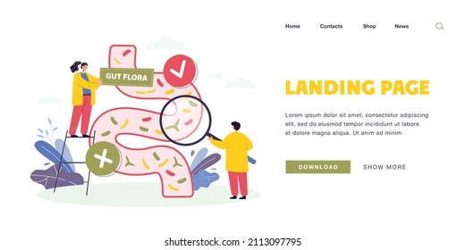 Tiny doctors examining bacteria in gut flora. Gastrointestinal tract with microbes flat vector illustration. Health, digestive system, medicine concept for banner, website design or landing web page