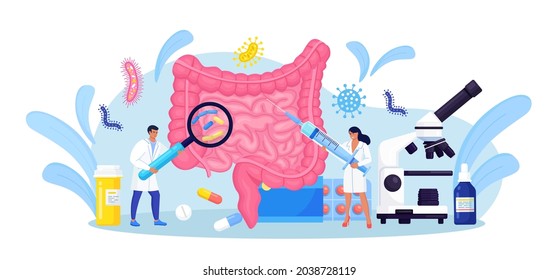 Tiny doctors examining gastrointestinal tract, bowel, digestive system. Intestinal inflammation, Enteritis, Colitis, Dysbacteriosis. Intestine health. Gut microorganisms and friendly flora