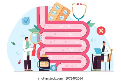 Tiny Doctors Examining Gut Flora. Cartoon Persons Studying Gastrointestinal Bacteria, Microorganisms In Digestive System Flat Vector Illustration. Nutrition, Health Concept For Banner, Website Design