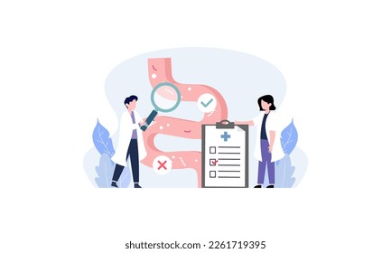 Pequeños doctores examinando la flora intestinal, ilustración del concepto de salud