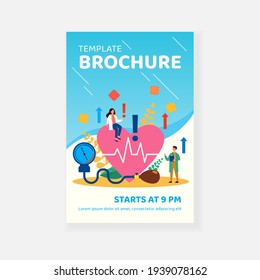 Tiny doctors examining heart health flat vector illustration. Cartoon medical specialists doing checkup of blood pressure, pulse rate and cholesterol. Cardiovascular disease and cardiology concept