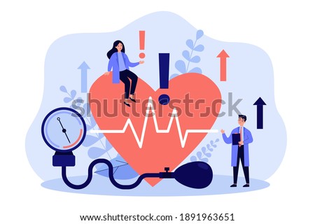 Tiny doctors examining heart health flat vector illustration. Cartoon medical specialists doing checkup of blood pressure, pulse rate and cholesterol. Cardiovascular disease and cardiology concept