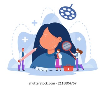 Tiny doctors examining huge patients face before surgery. Plastic surgeon drawing incision lines on womans face, preparing for esthetic surgery flat vector illustration. Cosmetic operation concept