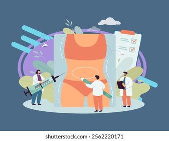 Tiny doctors examining human body before bariatric surgery. Breast augmentation, weight reduction flat vector illustration. Beauty, fitness, liposuction concept for banner or landing web page