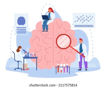 Tiny Doctors Examining Human Brain With Magnifier. Male And Female Scientist In Medical Wear Conducting Experiments In Laboratory, Collecting Data Flat Vector Illustration. Research, Science Concept