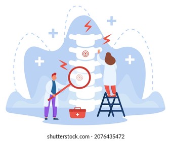 Tiny doctors examining spine bones of patient. Problems with chronic back pain, chiropractors making diagnosis flat vector illustration. Health, treatment, osteopathy, anatomy concept for banner