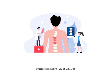 Tiny doctors examining spine bones of patient illustration. Health, treatment, osteopathy, anatomy concept