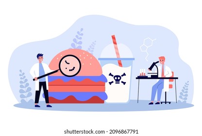 Tiny doctors examining unhealthy food in laboratory. Medical professional with magnifier, huge hamburger and soda flat vector illustration. Medicine, diet, health concept for banner or landing page