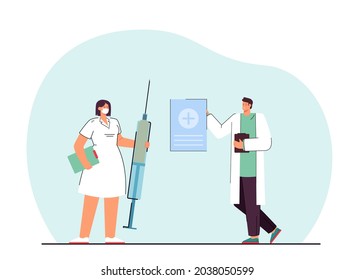 Tiny doctors with giant syringe flat vector illustration. Medical workers in white coats treating people, helping, keeping them healthy, getting rid of diseases. Medicine, help, injection concept