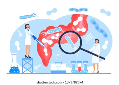 Tiny doctors give intestine probiotic bacteria, lactobacillus. Healthcare banner of immunity support concept vector for horizontal banner, poster, flyer, website. Symbol of useful milk products.
