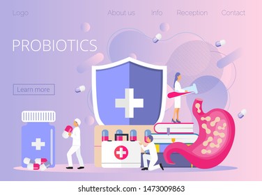 Tiny doctors give stomach probiotic bacteria, lactobacillus. Healthcare landing page, immunity support concept vector for horizontal banner, poster, flyer, website. Symbol of useful milk products.