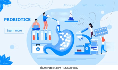 Tiny doctors give stomach probiotic bacteria, lactobacillus. Healthcare landing page, immunity support concept vector for horizontal banner, poster, flyer, website. Symbol of useful milk products.