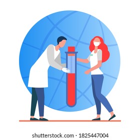 Tiny doctors holding flask with blood, one wearing a mask. Globe on background. virus analysis flat vector illustration. Medicine and diagnostics concept for banner, website design or landing web page