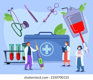 Tiny doctors holding medical equipment vector illustration. Nurses preparing stethoscope, scalpel, syringes, blood tubes, thermometer for examination. Health care, medicine concept