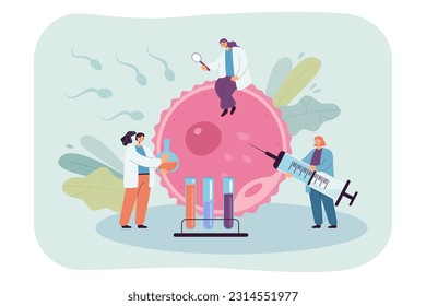 Tiny doctors impregnating huge egg cell with sperm using syringe. Artificial insemination, medical professionals in laboratory vector illustration. Healthcare, fertilization, pregnancy concept