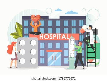 Pequeños doctores profesionales de la medicina trabajan en equipo para brindar asistencia médica a pacientes con enfermedades cardiovasculares o cardíacas en hospitales, ilustraciones planas vectoriales. Cardiología, hipertensión, cardiopatía