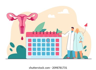 Tiny doctors with megaphone near calendar and uterus. Menstruation calendar and womans reproductive health flat vector illustration. Healthcare concept for banner, website design or landing web page