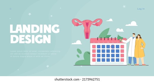 Tiny doctors with megaphone near calendar and uterus. Menstruation calendar and womans reproductive health flat vector illustration. Healthcare concept for banner, website design or landing web page