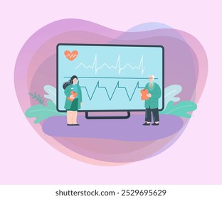 Tiny doctors next to cardiogram on computer screen. Cardiologists or medical professionals with heart rate flat vector illustration. Health, medicine, cardiology concept for banner or landing web page