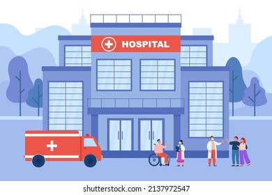 Tiny Doctors And Patients Near Hospital Flat Vector Illustration. Therapist In Face Mask Saying Goodbye To Cured People Near Medical Building And Ambulance. Emergency, Clinic Concept