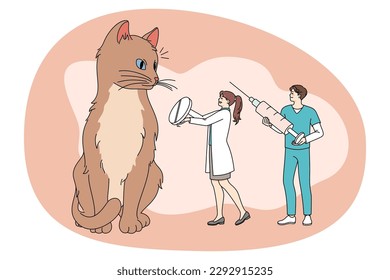 Tiny doctors people treat cure huge cat give medication and pill. Small veterinarians help unhealthy domestic animal with medicines. Pet healthcare and vet help. Vector illustration.