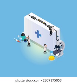 Tiny doctors or scientist with huge first aid kit and microscope isometric 3d vector illustration concept for banner, website, illustration, landing page, flyer, etc.