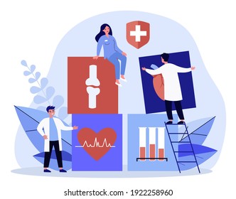 Tiny doctors showing big medical cards. Bone, blood, heart flat vector illustration. Medicine and healthcare concept for banner, website design or landing web page