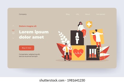 Tiny doctors showing big medical cards. Bone, blood, heart flat vector illustration. Medicine and healthcare concept for banner, website design or landing web page