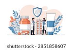 Tiny doctors standing next to giant medicine bottles, pills, and creams to represent pharmacy, drug safety, and healthcare protection.