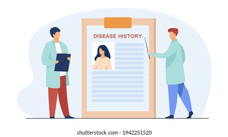 Tiny doctors studying disease history. Patient, physician, treatment flat vector illustration. Medicine and healthcare concept for banner, website design or landing web page