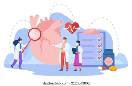 Tiny doctors studying huge human heart. Cardiologists examining patient with cardiovascular disease flat vector illustration. Health, diagnosis, cardiology concept for banner or landing web page