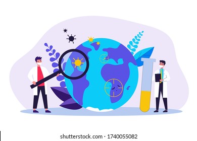 Tiny doctors studying viruses flat vector illustration. Physicians looking for vaccine from coronavirus. Epidemiology and pandemic outbreak research concept