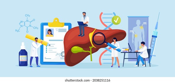 Tiny Doctors Treat The Liver Disease. Medical Diagnosis Of Hepatitis A, B, C, D, Cirrhosis. Group Of Doctors Examining Patient Inner Organs, Performing Lab Tests, Biopsy, Molecular Analysis 