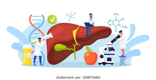 Tiny Doctors Treat the Liver Disease. Medical Diagnosis of Hepatitis A, B, C, D, Cirrhosis. Group of Doctors Examining Patient Inner Organs, Performing Lab Tests, Biopsy, Molecular Analysis 