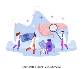 Tiny doctors treating cancer vector illustration. Scientists studying tumor under magnifier, carrying vaccine bottle and medicine. Cancer vaccine, health care, medicine concept