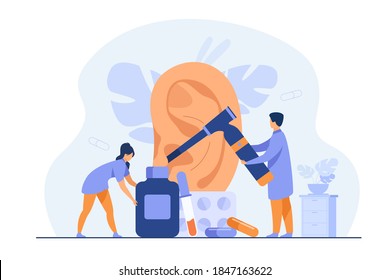 Tiny doctors treating or examining patients ear, using otology tool, carrying bottles and blisters with pills. Vector illustration for otolaryngology, health care, hearing loss concept