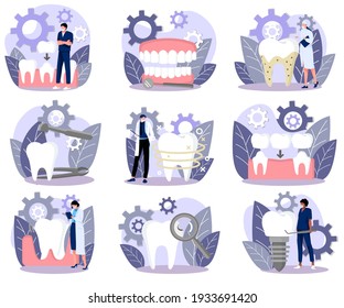 Tiny doctors treating giant teeth set. Dentist characters caring of tooth using professional tools at medical clinic. Stomatology, orthodontics, dental care cartoon vector illustration