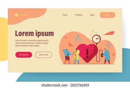 Tiny doctors treating heart disease. Medical checkup, high blood pressure, cardiology flat vector illustration. Medicine, diagnosis, examination concept for banner, website design or landing web page