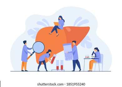 Tiny Doctors Treating Hepatitis Or Liver Cancer Isolated Flat Vector Illustration. Cartoon Physicians Taking Care Of Patient Diseased Liver. Medicine And Disease Awareness Concept