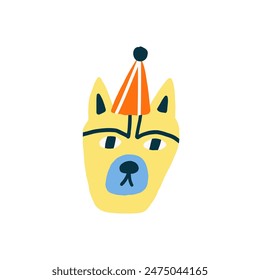 Tiny Dog Face in a Birthday Cap. Cute Character Animal Puppy