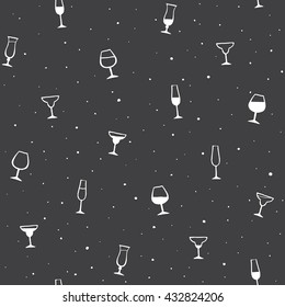 Tiny doodle style alcohol glasses seamless vector pattern with dots or stars texture. Free hand drawn, uneven edges. Martini, champagne, cocktail, brandy, margarita, hurricane glass. Ink drawn.